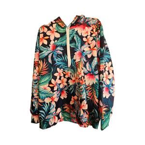 Navy Blue Women's Tropical Print Floral Pullover Hoodie Shirt